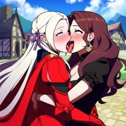 2girls ahe_gao ai_generated dorothea_arnault edelgard_von_hresvelg female female_only fire_emblem french_kissing kissing multiple_girls powerhouserift sloppy tongue_kiss tongue_touching_another's_tongue tongues_touching yuri