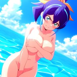 ai_generated angry_face artist_request beach_background blue_hair blush celina covered_breasts covered_pussy female green_eyes hi_res huge_breasts looking_at_viewer navel nervous nude ponytail ribbon serena_(yu-gi-oh!_arc-v) yu-gi-oh! yu-gi-oh!_arc-v