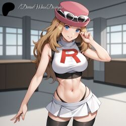 2024 4k ai_generated black_legwear blonde_hair blue_eyes brown_hair color colored crop_top divine_muse_designs game_freak hi_res high_resolution highres mirco_skirt patreon patreon_logo patreon_username pink_hat pokemon pokemon serena_(pokemon) stable_diffusion sunglasses_on_head team_rocket team_rocket_uniform watermark whale_tail