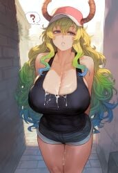 after_fellatio after_paizuri ai_generated big_breasts clothed_sex dark-skinned_male emotionless emotionless_female emotionless_sex indifferent kaikoi lucoa_(maidragon) miss_kobayashi's_dragon_maid quetzalcoatl_(dragon_maid) unamused unaware