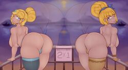 2girls balcony blinking blonde_hair blue_eyes brawl_stars clash_royale dagger_duchess_(clash_royale) looking_at_viewer multiple_girls naked naked_female panties piper_(brawl_stars) sfcompany1e_(artist) supercell