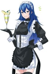 1girls alternate_costume ameno_(a_meno0) apron black_dress black_thighhighs blue_eyes blue_hair bowtie breasts corset cup dress drink drinking_glass elbow_gloves enmaided fire_emblem fire_emblem_awakening food frilled_dress frills fruit gloves hair_between_eyes hand_on_own_hip holding holding_tray long_hair looking_at_viewer lucina_(fire_emblem) maid maid_apron maid_headdress maid_uniform nintendo parted_lips small_breasts solo symbol-shaped_pupils thighhighs tray wavy_hair wrist_cuffs zettai_ryouiki