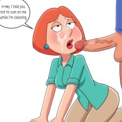 1girls chris_griffin cum cum_on_face cumshot dialogue_bubble family family_guy family_sex female female_focus incest lois_griffin mother mother_and_son mummy orange_eyes orange_hair partial_male penis satsufumi speech_bubble straight veiny_penis white_background