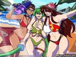 3girls abs alternate_costume arm_around_waist arm_up armpits ass_visible_through_thighs bare_legs bare_thighs beach beidou_(genshin_impact) bikini blush breasts brown_eyes brown_hair burplenurpless cleavage crossover cyberpunk_2077 dark-skinned_female dark_skin day earrings evil_grin evil_smile eyeshadow female female_only fire_emblem fire_emblem:_the_blazing_blade genshin_impact green_bikini green_eyes green_hair green_swimsuit grin group_hug hair_flower hand_on_own_chest hourglass_figure house hug large_breasts legs looking_at_viewer lyn_(fire_emblem) makeup multiple_girls nintendo ocean open_mouth outdoors palm_tree panam_palmer ponytail red_bikini red_eyes red_swimsuit short_hair smile swimsuit sword thighs towel toy tree very_long_hair water_gun wide_hips