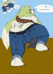 ammo_belt anthro ass balls_outline bandai_namco beady_eyes big_butt bottomwear bulge butt_grab clothing denim denim_bottomwear denim_clothing detailed_bulge digimon digimon_(species) disembodied_hand english_text gargomon genital_outline hand_on_butt hi_res hopelesshighschool horn jeans long_ears male pants text