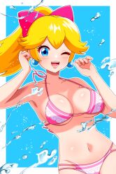 1girls bikini blonde_hair blue_eyes breasts dooon_chaaan earrings female female_only fully_clothed hair_ribbon large_breasts looking_at_viewer mario_(series) midriff navel nintendo pink_bikini pink_swimsuit ponytail princess_peach princess_peach:_showtime! revealing_clothes swimsuit water