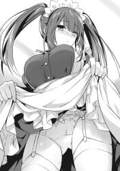 big_breasts black_and_white blush breasts date_a_live garter_belt garter_straps heterochromia low-angle_view maid maid_outfit maid_uniform mouth_closed novel_illustration official_art panties showing_panties skirt_lift thighhighs thighs tokisaki_kurumi tsunako twintails white_panties zettai_ryouiki