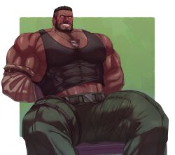 balls bara barret_wallace beard big_balls big_penis body_hair boner bulge clothing erection erection_under_clothes facial_hair final_fantasy final_fantasy_vii fully_clothed ghangaji hands_behind_back male male_only muscles muscular penis sitting solo solo_male square_enix