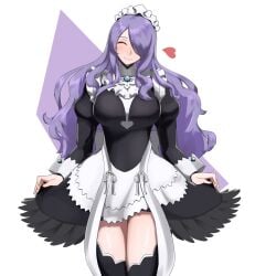 1girls alternate_costume apron black_dress black_thighhighs breasts camilla_(fire_emblem) closed_eyes cosplay cowboy_shot curtsey dress facing_viewer felicia_(fire_emblem) felicia_(fire_emblem)_(cosplay) fire_emblem fire_emblem_fates hair_over_one_eye heart highres large_breasts long_hair maid maid_apron maid_headdress maid_uniform milf monoi_daru nintendo purple_hair skirt_hold smile solo thighhighs wrist_cuffs