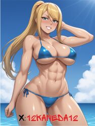 12kaneda12 abs ai_generated bikini metroid muscular_female oiled_body oiled_skin samus_aran watermark wet_skin