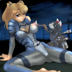 barefoot blonde_hair blue_eyes bodypaint breasts false_clothes feet female monster_hunter nipples nude paint paintbrush painted_clothes pointy_chin pussy sitting straight_hair tied_hair toes twintails wancozow