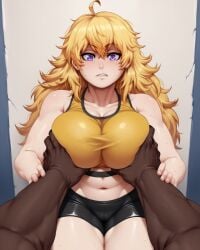 ai_generated breast_grab breasts dark-skinned_male grabbing gym_uniform jlullaby_(style) large_breasts light-skinned_female relaps63 rwby wide_hips yang_xiao_long