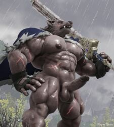 2024 3d_(artwork) abs anthro areola artist_name balls barazoku biceps big_balls big_muscles big_pecs big_penis blaidd_(elden_ring) blurred_background canid canine canis cape clothing cloud digital_media_(artwork) elden_ring erection fingerless_gloves fromsoftware fur genitals glistening glistening_body gloves handwear hi_res holding_melee_weapon holding_object holding_sword holding_weapon huge_muscles humanoid_genitalia humanoid_penis low-angle_view male male_only mammal manly melee_weapon muscular nipples nude obliques outside pecs penis plant psyertitan quads raining scar serratus sky solo solo_male standing sword teeth thick_penis thick_thighs tree tuft water weapon wolf