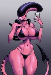 1girls ai_generated alien alien_(franchise) balsamique_(style) belly_button big_ass big_lips bikini bimbo bimbo_xenomorph bracelet choker cowboy_shot female g-string hip_dips holding_phone jimojo large_breasts monster narrow_waist pink_skin pony_diffusion_xl round_breasts solo stable_diffusion standing tail taking_selfie thin_waist wide_hips xenomorph xenophilia