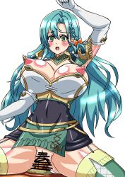 1boy 1girls aqua_hair arm_up armpits ass_visible_through_thighs bare_thighs blue_hair blush bodystocking boots braid breasts_out bursting_breasts censored chloe_(fire_emblem) covered_navel cowgirl_position earrings elbow_gloves ezsm5857 female female_focus female_on_top fire_emblem fire_emblem_engage garter_straps gloves green_eyes hair_between_eyes hourglass_figure long_hair male midriff nintendo nipples open_mouth pelvic_curtain penis pussy sex solo_focus spread_legs straddling sweat thick_thighs thigh_boots thighs vaginal_penetration very_long_hair white_background wide_hips