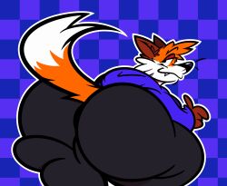 2024 absurd_res anthro anus ass balls bedroom_eyes bent_over big_balls big_butt black_nose blue_background blue_clothing blue_hoodie blue_topwear canid canine checkered checkered_background clothed clothing digital_drawing_(artwork) digital_media_(artwork) dipstick_tail fangs fox fully_clothed fur genitals hi_res hoodie huge_butt hyper hyper_butt jaymisc looking_at_viewer looking_back looking_back_at_viewer male male_only mammal markings narrowed_eyes pattern_background presenting presenting_hindquarters raised_tail rear_view seductive simple_background smile smiling_at_viewer solo soups_(superiorfox) standing tail tail_markings teeth thick_thighs toony topwear whiskers wide_hips