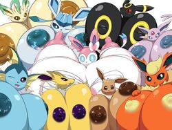 9girls all_nine_eeveelutions animal_ears anthro big_breasts black_eyes black_skin blacky_(pokemon) blue_nipples blue_skin booster_(pokemon) breast_hold breast_sucking breasts brown_eyes brown_nipples brown_skin eevee eeveelution eievui eifie_(pokemon) erect_nipples espeon flareon gigantic_breasts glaceon glacia_(evolution) huge_breasts huge_nipples inverted_nipples jolteon leafeon leafia multiple_girls nintendo nipples norio_(pheromosa_times) nymphia open_mouth pokemon pokemon_(species) pokemon_dppt pokemon_gsc pokemon_rgby pokemon_xy purple_eyes purple_nipples purple_skin red_eyes red_skin showers_(pokemon) sylveon thunders umbreon vaporeon white_skin wink yellow_nipples yellow_skin