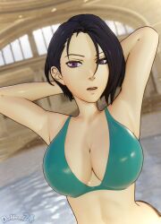 1girls 3d alternate_costume armpits arms_behind_head bare_arms bare_midriff bikini blue_hair breasts cleavage dochaunt24 female female_only fire_emblem fire_emblem:_three_houses green_bikini green_swimsuit hair_between_eyes indoors large_breasts midriff nintendo pool pose purple_eyes shamir_nevrand short_hair solo swimsuit upper_body water