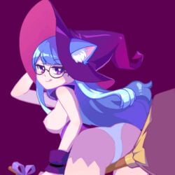 accurate_art_style ass blue_hair bouncing_ass female marija_(muse_dash) muse_dash nude_filter panties short_skirt skirt witch_hat