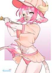 anthro baseball_bat baseball_cap baseball_uniform bat_(object) belly_shirt bottomwear bovid bovine braided_hair camel_toe cattle clothing ear_piercing female fur hair hat headgear headwear hi_res horn horn_jewelry horn_ring jewelry mammal miniskirt navel navel_piercing panties piercing pink_body pink_eyes pink_fur pink_hair punsmo ring_(jewelry) skirt solo sportswear teiko_(crimsir) underwear uniform