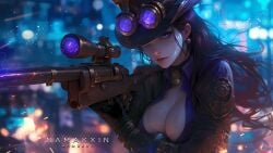 ai_generated breasts caitlyn_kiramman eyewear_on_head female league_of_legends namakxin sniper