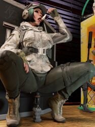 ass breasts ela_(rainbow_six) female green_hair human licking masturbation pussy rainbow_six rainbow_six_siege sexy siege solo solo_female teabag teabagging thick_legs thick_thighs thighs tight_pants tight_pussy tongue tongue_out