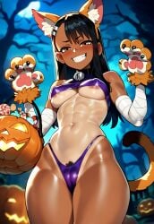 1girls abs ai_generated animal_ears areola_slip areolae bell_collar black_hair blurry_background brown_eyes cameltoe candy choker crop_top ear_piercing female fit from_below grin hair_ornament hairclip halloween halloween_bucket halloween_costume halloween_pumpkin hayase_nagatoro highleg_panties jagat_ai jewelry nipple_bulge nipples_visible_through_clothing please_don't_bully_me,_nagatoro pointy_chin pubic pubic_hair pubic_hair_peek solo solo_female tail tan tan_body tan_skin tanline tomboy toned toned_female underboob