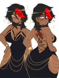 art_trend ass big_breasts big_butt black_dress black_hair bracelet bracers breasts chains dark-skinned_female dark_skin dress dress_trend gold_chain gold_chains heart hearts_around_head looking_at_viewer modakawa_dress mole_on_shoulder ms_unnormal norma_(ms_unnormal) raised_eyebrow red_eyes red_highlights revealing_clothes revealing_dress rose_tattoo short_hair sideboob sparkles tattoo tattoo_on_back thick_ass thick_thighs thighs trend twitter_dress twitter_trend