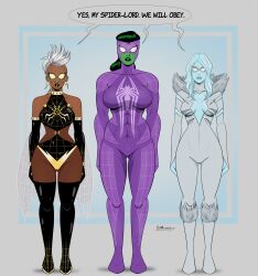 3girls artist_name big_breasts black_lipstick blonde_hair blue_hair blue_lipstick blue_skin bodysuit cosplay curvy curvy_female dark-skinned_female dark_skin dialogue diamond diamond_form ear_piercing earrings emma_frost empty_eyes english_text female female_only glasses glowing_eyes green-skinned_female green_hair green_lipstick green_skin hourglass_figure hulk_(series) latex lip_piercing long_hair marvel marvel_comics mask mind_control mohawk_(hairstyle) multiple_girls muscular_female mutant_(marvel) nose_piercing ororo_munroe polmanning she-hulk short_hair speech_bubble spider-man_(series) spidersona storm_(x-men) superhero superheroine thigh_boots white_hair white_queen wide_hips x-men