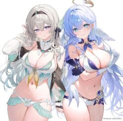 2girls bikini cameltoe cute firefly_(honkai:_star_rail) half-closed_eyes honkai:_star_rail large_breasts looking_at_viewer machi_(7769) marking_below_eyes nail_polish one_arm_up painted_nails patreon_username pulling_bikini_string robin_(honkai:_star_rail) seductive seductive_look seductive_smile shiny_skin simple_background smile swimsuit thick_thighs wet_skin white_background wide_hips