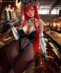 2d bar black_stockings bunny_ears bunny_girl bunny_suit bunnysuit busty curves curvy curvy_body curvy_female curvy_figure detached_collar detached_sleeves erza_scarlet fairy_tail female gloves hayes-irina large_hips red_hair serving_tray stockings