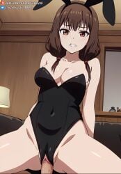 1boy 1girls ai_generated anime bondage brown_eyes brown_hair bunny_girl bunnysuit cowgirl_position female human iino_miko kaguya-sama_wa_kokurasetai_~tensai-tachi_no_renai_zunousen~ male ranwai sex stable_diffusion vaginal_penetration vaginal_sex