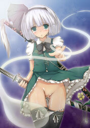 blue_eyes bowtie dress_shirt hairband highres hitodama katana myon natsume_riu no_panties panties panty_pull pussy pussy_juice pussy_juice_trail shirt short_hair silver_hair skirt skirt_lift solo sword tears thighhighs touhou underwear vest weapon white_hair wind_lift youmu_konpaku youmu_konpaku_(ghost)