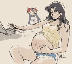 belly belly_button big_belly ill_fitting_clothing itching misato_katsuragi neon_genesis_evangelion popped_navel pregnant pregnant_belly pregnant_female sapphicbump scratching_belly short_shorts shorts sitting tank_top tank_top_up