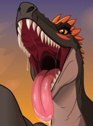 dinosaur dragonimator female female_pred grey_body grey_scales imminent_vore maw maw_shot mawshot open_mouth oral_vore orange_eyes pov prey_pov raptor saliva saliva_drip saliva_on_tongue saliva_string saliva_trail salivating scales scalie teeth tongue tongue_out velociraptor vore wide_open_mouth