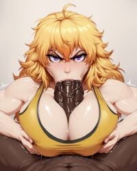 ai_generated angry breasts dark-skinned_male gym_uniform jlullaby_(style) large_breasts large_penis light-skinned_female oral paizuri penis relaps63 rwby titjob trembling yang_xiao_long