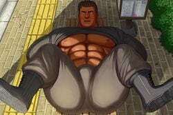 1boy ass bara clothed clothing gay imminent_sex looking_at_viewer male male_only mori_take muscular muscular_male on_floor pecs public solo solo_focus spread_legs