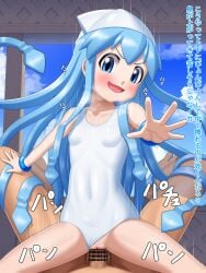 1boy 1girls bar_censor blue_eyes blue_hair bracelet censored clothing_aside cowgirl_position drillmole female femdom hat highres ikamusume jewelry long_hair one-piece_swimsuit penetration penis prehensile_hair pussy sex shinryaku!_ikamusume squid_girl squid_hat steaming_body straddling swimsuit swimsuit_aside vagina vaginal_penetration vaginal_sex white_one-piece_swimsuit white_swimsuit