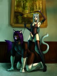 anthro ball_gag balls breasts claws clothing collar domination feline fluffy_tail futa_with_male futanari gag gloves hair herm high_heels intersex leash legwear long_tail mahkara male mammal mask penis purple_hair stockings submissive white_hair