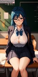 ai_generated ai_hands anime anime_style big_breasts black_skirt blue_eyes blue_hair bowtie breasts female female_human female_only girl girls glasses large_boobs large_breasts long_hair nipples nipples_visible_through_clothing only_female only_girl school_uniform schoolgirl schoolgirl_uniform shirt sitting sitting_on_chair skirt soli_sketch thick_thighs white_shirt