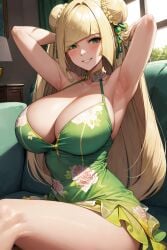 ai_generated arm_up blonde_hair chinese_clothes clothing double_bun female flyingpancake game_freak green_eyes huge_breasts looking_at_viewer lusamine_(pokemon) nintendo pokemon pokemon_sm pose smile suit thick_thighs voluptuous