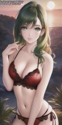 ai_generated ai_hands anime anime_style big_breasts bra breasts female female_human female_only girl girls green_eyes green_hair long_hair only_female only_girl panties red_bra red_panties red_underwear slim_waist soli_sketch underwear waist