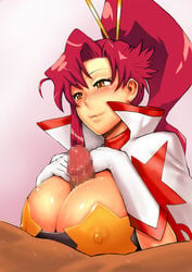 bandeau blush breasts brown_eyes censored dark-skinned_male dark_penis dark_skin erect_nipples female gloves huge_breasts human itou_eito long_hair male naughty_face paizuri penis ponytail red_hair space_yoko straight sweat tengen_toppa_gurren-lagann tengen_toppa_gurren_lagann tied_hair tubetop yoko_littner