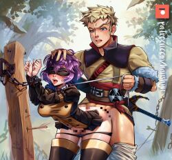 1boy 1girls bare_thighs bent_over bernadetta_von_varley black_panties blindfold blonde_hair blue_eyes bondage boots bound bound_to_pole censored collar femsub fire_emblem fire_emblem:_three_houses fire_emblem_awakening garreg_mach_monastery_uniform hair_grab hanshyn leash leash_pull male maledom nintendo open_mouth outdoors owain_(fire_emblem) panties panties_down pole purple_hair restrained sex short_hair stationary_restraints straight sword thigh_boots thighs underwear vaginal_penetration weapon