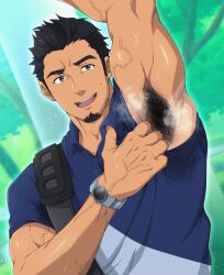 1boy arm_up armpit_fetish armpit_hair armpits beard biceps black_hair facial_hair goatee hairy_armpits hi_res kurazon_(climb_zombie) makio_nakano male_only muscles muscular_male musky neko_ga_kureta_marui_shiawase polo_shirt showing_armpit showing_armpits sideburns solo stained_clothes sweat sweat_stain sweating tanlines tanned upper_body veins veiny_arms veiny_biceps wristwatch