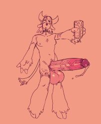 anthro balls bell bell_collar big_balls big_ears big_penis bodily_fluids breasts collar cum cum_in_a_cup cum_in_container dripping erection female genital_fluids genitals gynomorph happy hi_res holding_object hooves horn huge_balls huge_cock hyper hyper_balls hyper_genitalia hyper_penis intersex leaking_precum millkefats mostly_nude penis precum precum_drip small_breasts solo standing vein veiny_penis