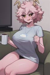 ai_generated black_sclera holding_mug mina_ashido my_hero_academia pantsless pink_hair pink_skin sitting sitting_on_couch