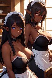 2girls ai_generated big_breasts blue_eyes boob_window choker cleavage dark_elf ebony elf_ears jinzo1993 long_hair looking_at_viewer maid maid_headdress maid_uniform red_eyes