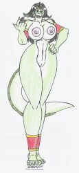 anthro big_breasts big_hips black_hair blue_eyes crocodilian furry green_body green_scales hand_on_hip looking_at_viewer marlon64 naked_female naked_jewelry nile_(sexyfur) solo_female traditional_drawing_(artwork) white_background