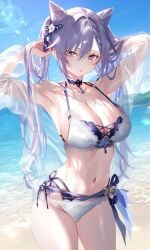 ai ai_generated beach belly_button big_breasts bikini cat_ears cleavage clouds day female female_focus female_only front_view genshin_impact hair_ornament hourglass_figure hoyoverse keqing_(genshin_impact) light-skinned_female light_skin long_hair looking_at_viewer lowres ocean outdoors poyon_na purple_bikini purple_eyes purple_hair sand sky solo_female solo_focus standing summer swimsuit two_piece_swimsuit water wet wet_body white_bikini young younger_female